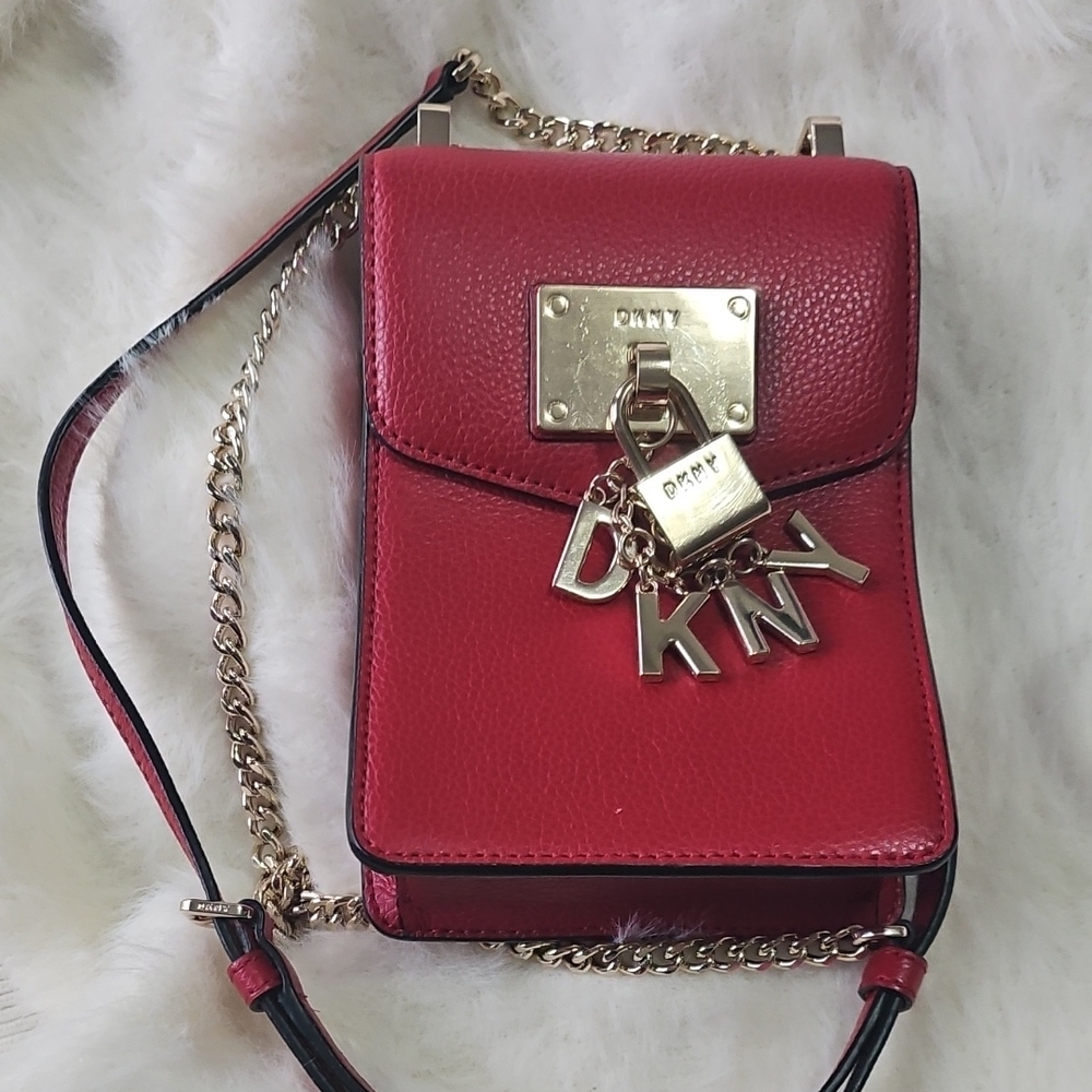 DKNY Red Leather Crossbody with Gold Charm Lock -NWOT